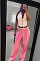 Compleu de Dama, din Doua Piese, Vesta si Pantaloni Lejeri cu Betelie Dublata, Trendy, Alb-Roz