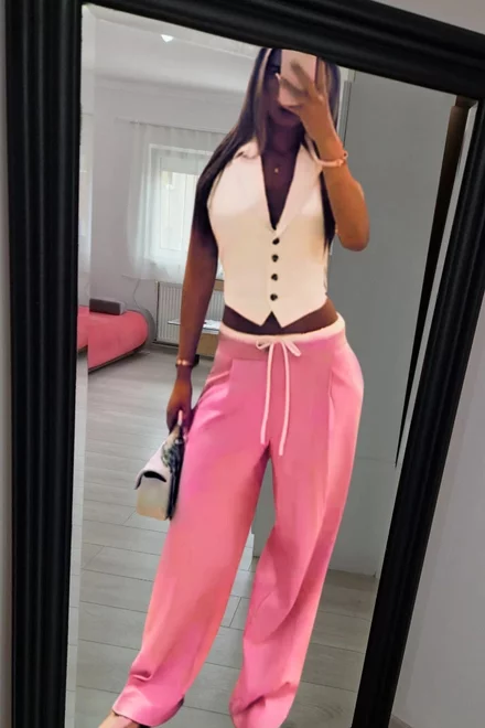 Compleu de Dama, din Doua Piese, Vesta si Pantaloni Lejeri cu Betelie Dublata, Trendy, Alb-Roz