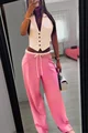 Compleu de Dama, din Doua Piese, Vesta si Pantaloni Lejeri cu Betelie Dublata, Trendy, Alb-Roz