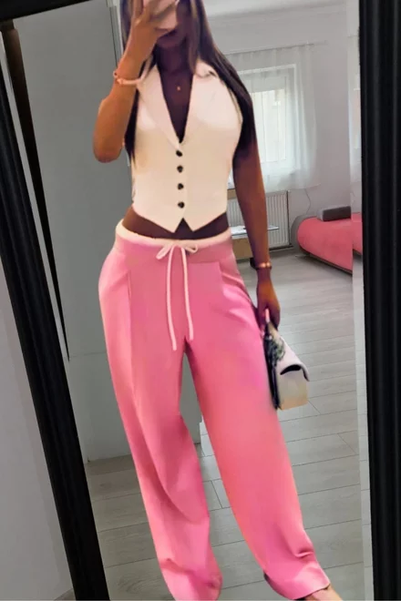 Compleu de Dama, din Doua Piese, Vesta si Pantaloni Lejeri cu Betelie Dublata, Trendy, Alb-Roz