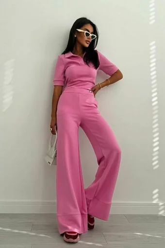 Compleu de Dama, din Jersey, Tricou Polo  si Pantalon Evazat cu Tiv Maxi, Marionna, Roz