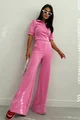 Compleu de Dama, din Jersey, Tricou Polo  si Pantalon Evazat cu Tiv Maxi, Marionna, Roz