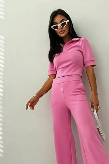 Compleu de Dama, din Jersey, Tricou Polo  si Pantalon Evazat cu Tiv Maxi, Marionna, Roz