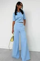 Compleu de Dama, din Jersey, Tricou Polo  si Pantalon Evazat cu Tiv Maxi, Splendid, Albastru