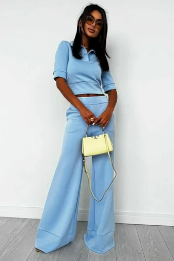 Compleu de Dama, din Jersey, Tricou Polo  si Pantalon Evazat cu Tiv Maxi, Splendid, Albastru