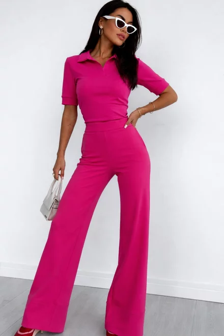 Compleu de Dama, din Jersey, Tricou si Pantalon Lejer, Cambrey, Fuchsia
