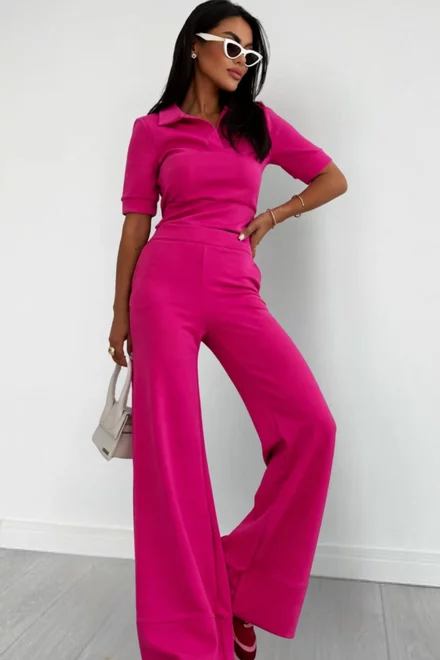 Compleu de Dama, din Jersey, Tricou si Pantalon Lejer, Cambrey, Fuchsia