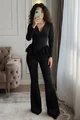 Compleu de Dama, din Lycra, Bluza Accesorizata cu Dantela si Pantalon Evazat, Lyarra, Negru