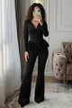 Compleu de Dama, din Lycra, Bluza Accesorizata cu Dantela si Pantalon Evazat, Lyarra, Negru