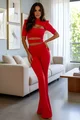 Compleu de Dama, din Lycra, Doua Piese, Top cu Decupaje si Pantaloni Evazati, Melinda, Rosu