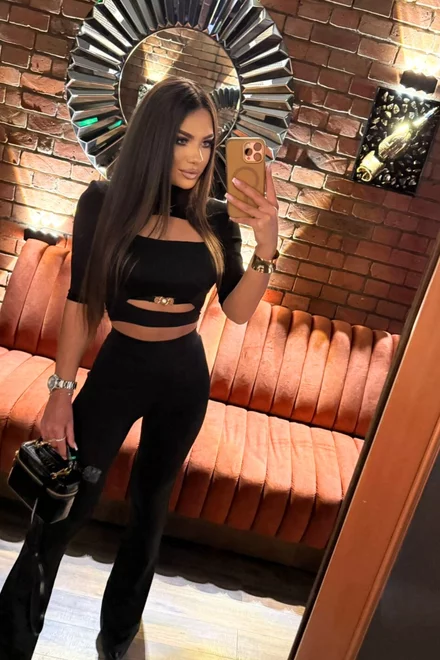 Compleu de Dama, din Lycra, Doua Piese, Top si Pantaloni Evazati, Senniora, Negru