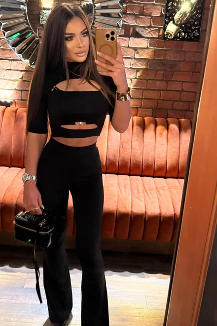 Compleu de Dama, din Lycra, Doua Piese, Top si Pantaloni Evazati, Senniora, Negru