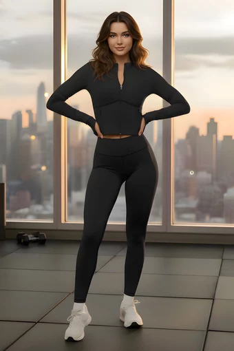 Compleu de Dama, din Lycra, Top cu Brau Tip Corset si Colanti cu Talie Inalta, Pulsse, Negru