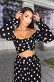 Compleu de Dama, din Satin, cu Buline, Format din Doua Piese, Top cu Cordon si Pantalon Lejer cu Buzunare, Marynette, Negru