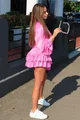 Compleu de Dama, din Satin, din Doua Piese, Camasa cu Maneci Lungi Bufante si Fusta Pantalon cu Volane, Soledad, Fuchsia