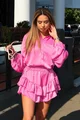 Compleu de Dama, din Satin, din Doua Piese, Camasa cu Maneci Lungi Bufante si Fusta Pantalon cu Volane, Soledad, Fuchsia