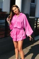 Compleu de Dama, din Satin, din Doua Piese, Camasa cu Maneci Lungi Bufante si Fusta Pantalon cu Volane, Soledad, Fuchsia