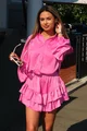 Compleu de Dama, din Satin, din Doua Piese, Camasa cu Maneci Lungi Bufante si Fusta Pantalon cu Volane, Soledad, Fuchsia