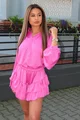 Compleu de Dama, din Satin, din Doua Piese, Camasa cu Maneci Lungi Bufante si Fusta Pantalon cu Volane, Soledad, Fuchsia