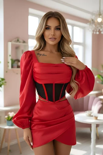  Compleu de Dama, din Satin, Doua Piese, Top pe Umeri si Fusta , Twinkle, Rosu