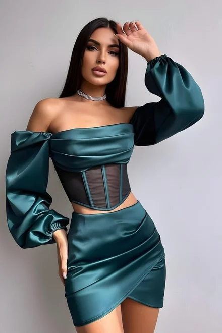 Compleu de Dama, din Satin, Format din Doua Piese, Top si  Fusta , Ruby, Verde