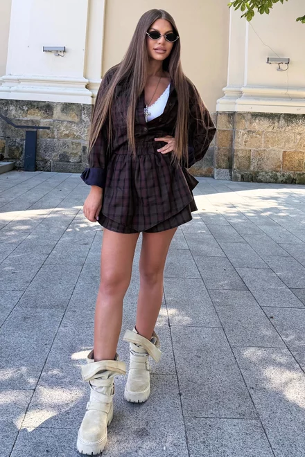 Compleu de Dama, din Stofa, Doua Piese, Camasa Lejera si Fusta Pantalon, in Carouri, Autumn, Multicolor