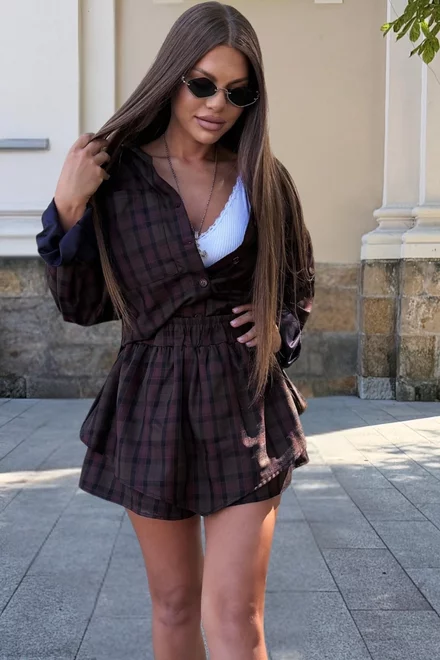 Compleu de Dama, din Stofa, Doua Piese, Camasa Lejera si Fusta Pantalon, in Carouri, Autumn, Multicolor