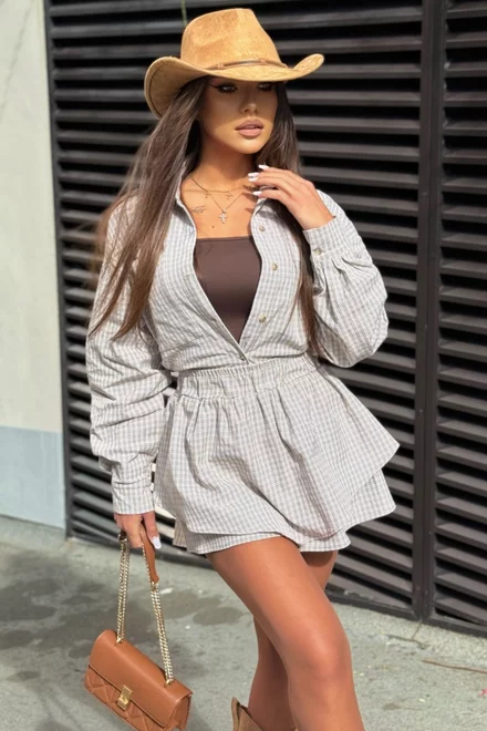 Compleu de Dama, din Stofa de Bumbac Premium , Doua Piese, Camasa si Fusta Pantalon, in Carouri, Vellymore, Bej