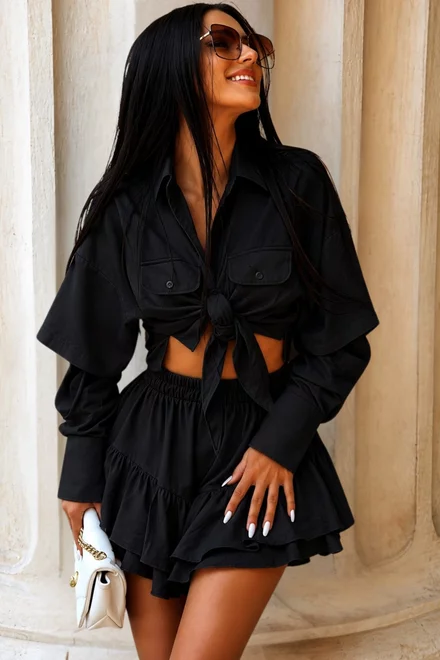 Compleu de Dama , din Tesatura Tesatura Tip In, Camasa cu Maneci Detasabile si Fusta Pantalon, Qatar, Negru