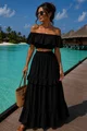 Compleu de Dama, din Tesatura Tin In, Fusta Lunga si Top cu Volane, Anglet, Negru
