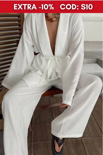 Compleu de Dama, din Tesatura Tip In, Camasa cu Cordon in Talie si Pantaloni Lejeri, Infinitte, Alb