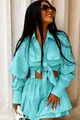 Compleu de Dama, din Tesatura Tip In, Camasa cu Maneci Detasabile si Fusta Pantalon, Shymmer, Aqua
