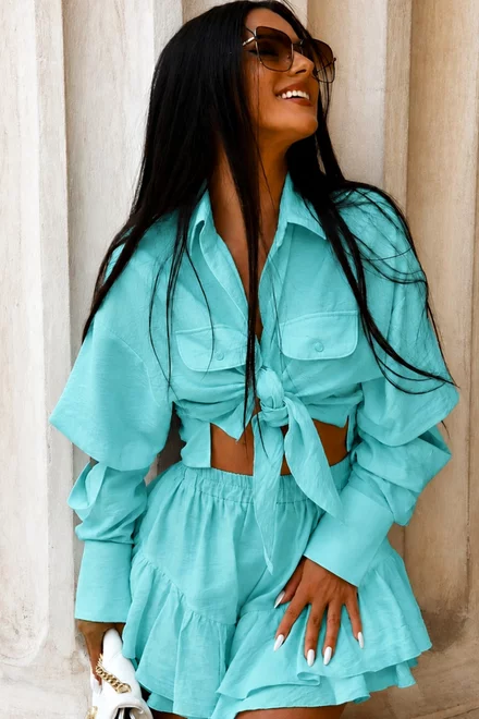 Compleu de Dama, din Tesatura Tip In, Camasa cu Maneci Detasabile si Fusta Pantalon, Shymmer, Aqua