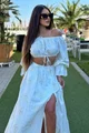 Compleu de Dama, din Tesatura Tip In, cu Fusta Lunga si Top cu Maneci Lungi, Cremme, Ivoire