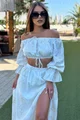 Compleu de Dama, din Tesatura Tip In, cu Fusta Lunga si Top cu Maneci Lungi, Cremme, Ivoire