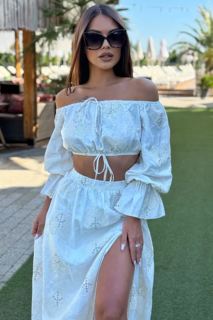 Compleu de Dama, din Tesatura Tip In, cu Fusta Lunga si Top cu Maneci Lungi, Cremme, Ivoire
