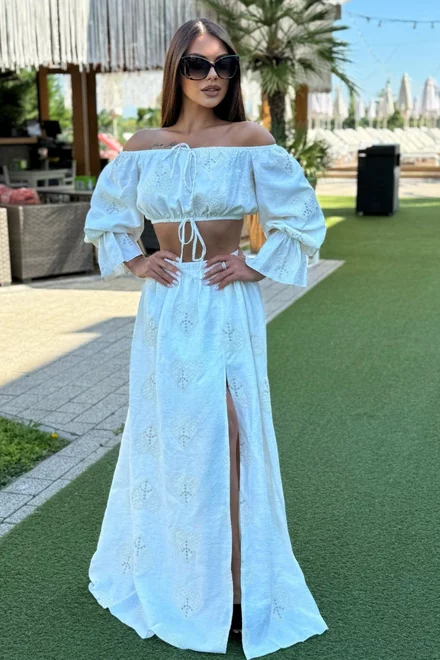 Compleu de Dama, din Tesatura Tip In, cu Fusta Lunga si Top cu Maneci Lungi, Cremme, Ivoire