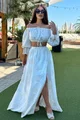Compleu de Dama, din Tesatura Tip In, cu Fusta Lunga si Top cu Maneci Lungi, Cremme, Ivoire
