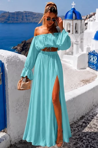 Compleu de Dama, din Tesatura Tip In, cu Fusta Lunga si Top cu Maneci Lungi, Kalya, Aqua