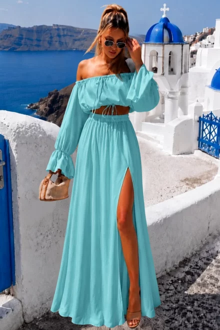 Compleu de Dama, din Tesatura Tip In, cu Fusta Lunga si Top cu Maneci Lungi, Kalya, Aqua