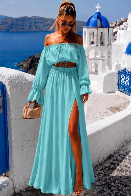 Compleu de Dama, din Tesatura Tip In, cu Fusta Lunga si Top cu Maneci Lungi, Kalya, Aqua