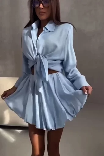 Compleu de Dama din Tesatura Tip In, din Doua Piese, Fusta Gogosar si Camasa Oversize cu Nasturi, Citronada, Bleu