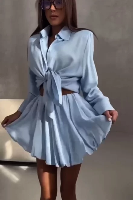 Compleu de Dama din Tesatura Tip In, din Doua Piese, Fusta Gogosar si Camasa Oversize cu Nasturi, Citronada, Bleu