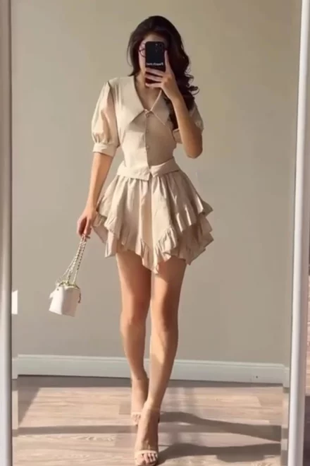 Compleu de Dama, din Tesatura Tip In, Doua Piese, Camasa cu Maneci Scurte si Fusta Asimetrica, Novio, Capuccino