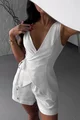 Compleu de Dama, din Tesatura Tip In, Doua Piese, Top cu Prindere in Siret si Pantalon Scurt, Inna, Ivoire