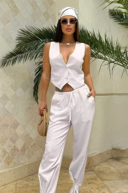 Compleu de Dama, din Tesatura Tip In, Pantalon cu Snur si Buzunare Laterale, Kalyacra, Alb