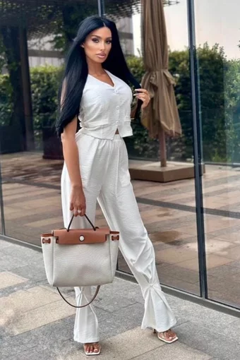 Compleu de Dama, din Tesatura Tip In, Pantalon cu Snur si Buzunare Laterale, Kalyacra, Alb