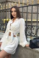 Compleu de Dama, din  Tesatura Tip In, Pantaloni Scurti, Lejeri si Camasa cu Maneci Lungi, Bufante, Plaja, Alb