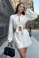Compleu de Dama, din  Tesatura Tip In, Pantaloni Scurti, Lejeri si Camasa cu Maneci Lungi, Bufante, Plaja, Alb