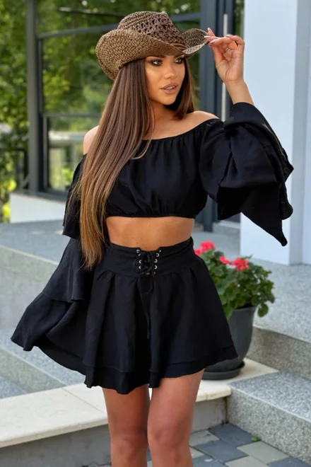 Compleu de Dama, din Tesatura Tip In, Top Scurt si Fusta cu Siret Reglabil, Anoilze, Negru